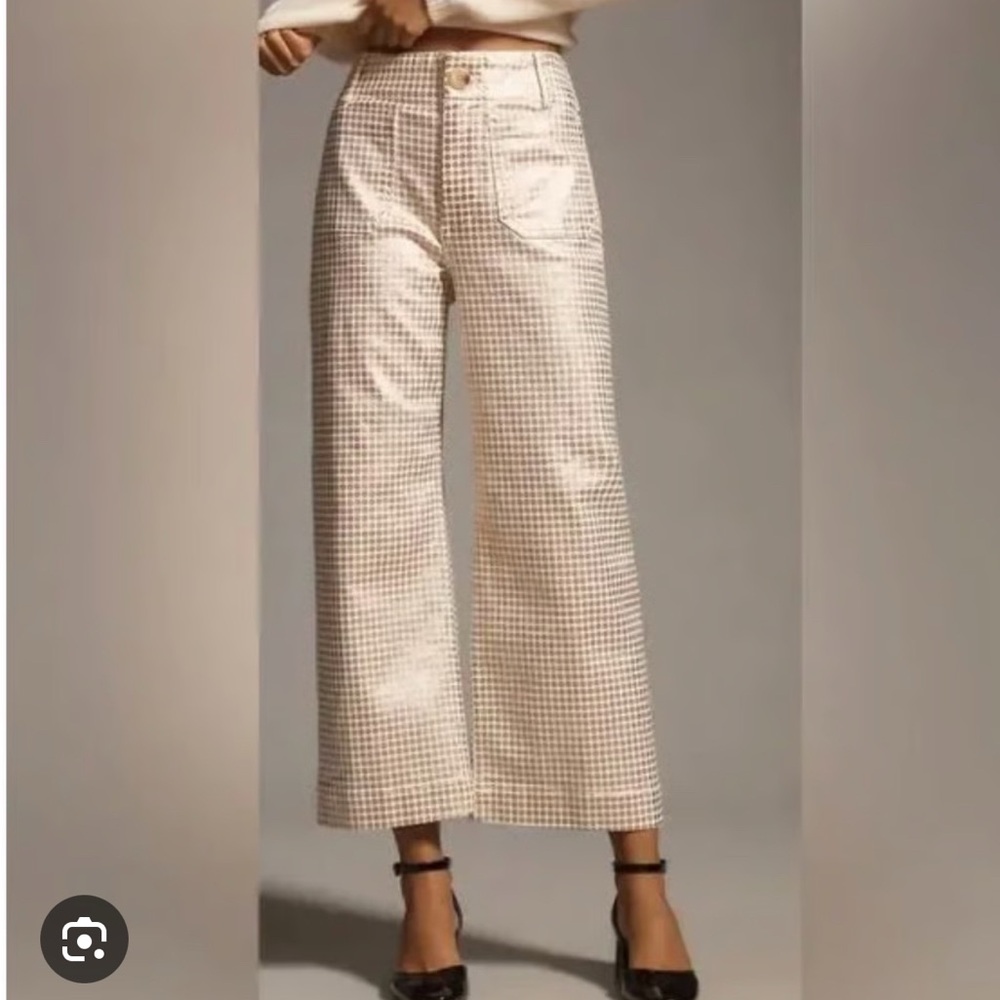 Anthropologie The Colette White Denim With Gold Metallic Dots Wide Leg Pants